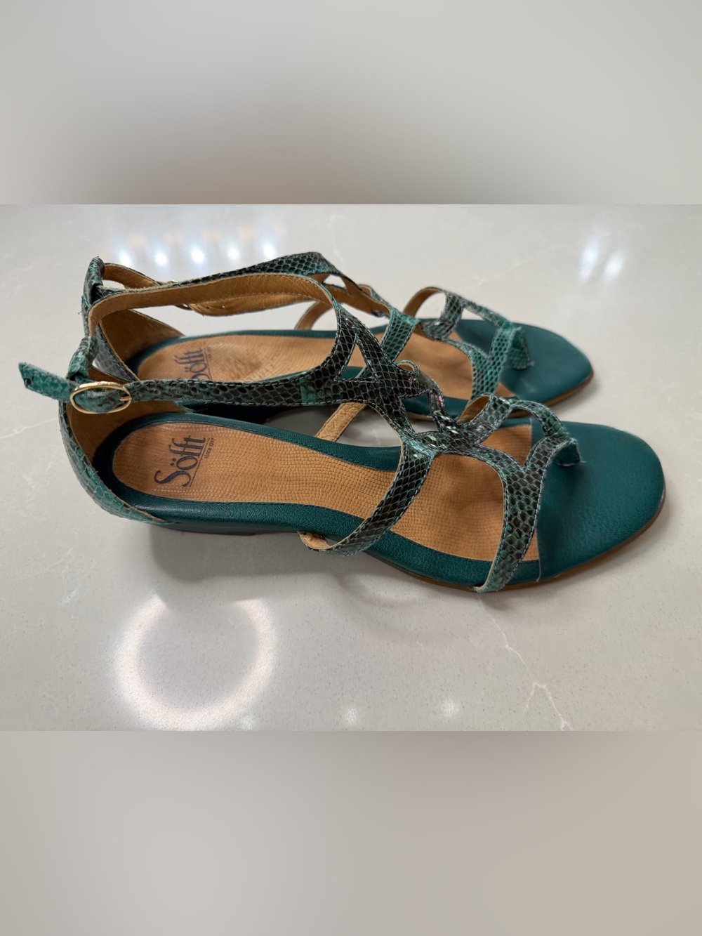 Söfft Teal Green Snakeskin Strappy Gladiator Wedge Comfort Sandals Size 10